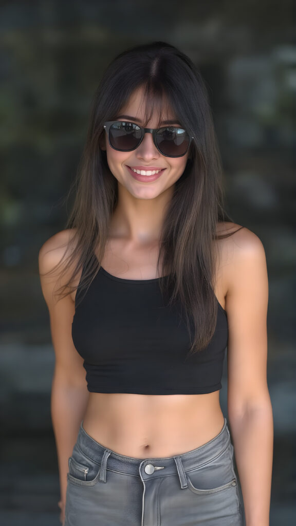 A (((realistically captured moment))) where a (((cheerful and happy teen girl))) with long, ((straight black hair)) and (((light grey eyes))), is elegantly posed in a (((full-body view))), showcasing her upper body and perfectly proportioned thighs and soft, plump lips, dressed in a (((black cropped tank top))), (((grey denim jeans))), and (((black sunglasses))), standing confidently with a warm smile directed at the viewer