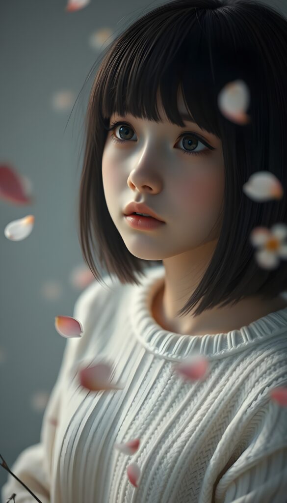 A 3D-rendered scene featuring a cute, melancholic teen emo girl with shoulder-length obsidian black straight hair in a side-swept bob cut. Her piercing brown eyes are wide with unshed tears, and her round face is framed by a white, form-fitting wool sweater that emphasizes her delicate features. The background is a soft, muted grey with subtle, glowing orbs of light, adding a mystical touch. The girl is surrounded by swirling petals and delicate flowers, creating a dreamy, ethereal atmosphere. The composition highlights her emotional expression, with a low-angle perspective that draws the viewer's eye upward, enhancing the sense of vulnerability and introspection.
