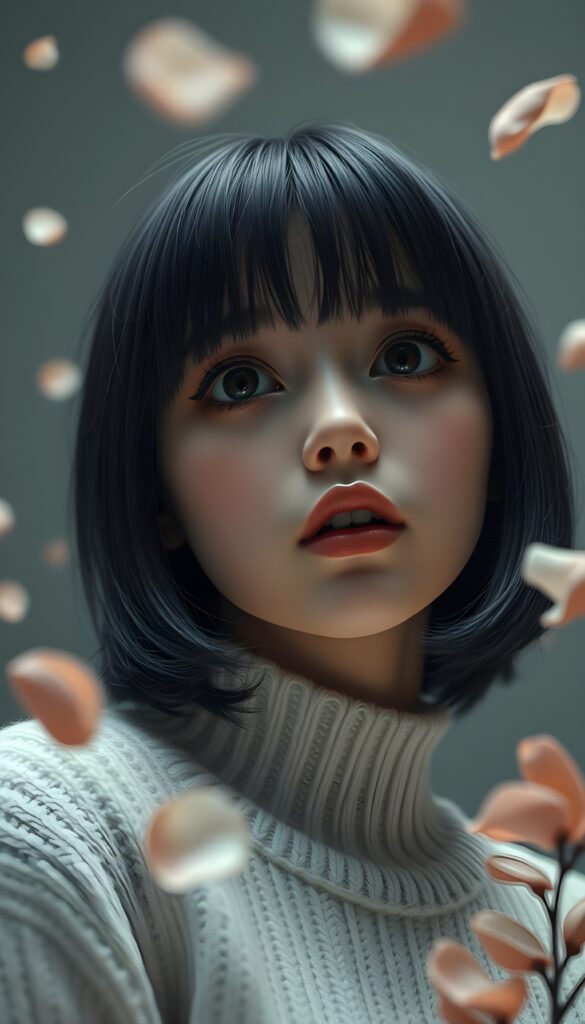 A 3D-rendered scene featuring a cute, melancholic teen emo girl with shoulder-length obsidian black straight hair in a side-swept bob cut. Her piercing brown eyes are wide with unshed tears, and her round face is framed by a white, form-fitting wool sweater that emphasizes her delicate features. The background is a soft, muted grey with subtle, glowing orbs of light, adding a mystical touch. The girl is surrounded by swirling petals and delicate flowers, creating a dreamy, ethereal atmosphere. The composition highlights her emotional expression, with a low-angle perspective that draws the viewer's eye upward, enhancing the sense of vulnerability and introspection.