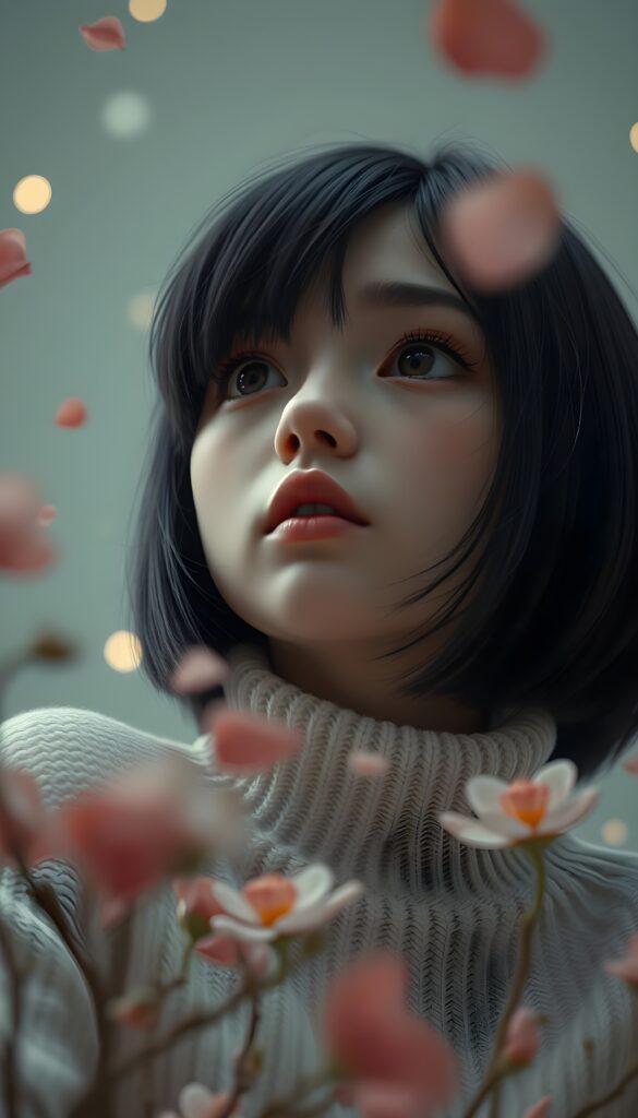 A 3D-rendered scene featuring a cute, melancholic teen emo girl with shoulder-length obsidian black straight hair in a side-swept bob cut. Her piercing brown eyes are wide with unshed tears, and her round face is framed by a white, form-fitting wool sweater that emphasizes her delicate features. The background is a soft, muted grey with subtle, glowing orbs of light, adding a mystical touch. The girl is surrounded by swirling petals and delicate flowers, creating a dreamy, ethereal atmosphere. The composition highlights her emotional expression, with a low-angle perspective that draws the viewer's eye upward, enhancing the sense of vulnerability and introspection.