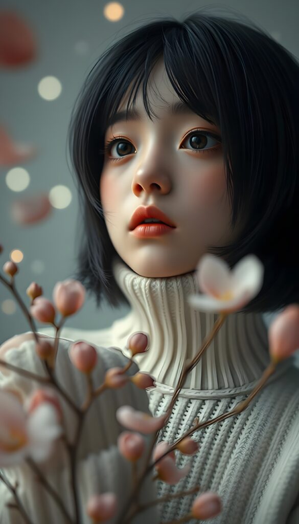 A 3D-rendered scene featuring a cute, melancholic teen emo girl with shoulder-length obsidian black straight hair in a side-swept bob cut. Her piercing brown eyes are wide with unshed tears, and her round face is framed by a white, form-fitting wool sweater that emphasizes her delicate features. The background is a soft, muted grey with subtle, glowing orbs of light, adding a mystical touch. The girl is surrounded by swirling petals and delicate flowers, creating a dreamy, ethereal atmosphere. The composition highlights her emotional expression, with a low-angle perspective that draws the viewer's eye upward, enhancing the sense of vulnerability and introspection.