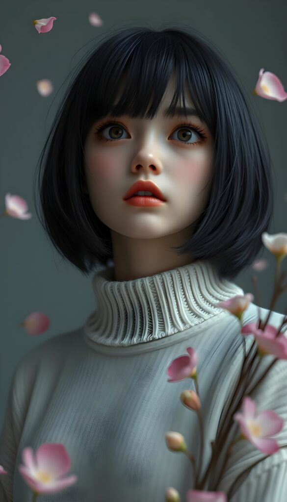 A 3D-rendered scene featuring a cute, melancholic teen emo girl with shoulder-length obsidian black straight hair in a side-swept bob cut. Her piercing brown eyes are wide with unshed tears, and her round face is framed by a white, form-fitting wool sweater that emphasizes her delicate features. The background is a soft, muted grey with subtle, glowing orbs of light, adding a mystical touch. The girl is surrounded by swirling petals and delicate flowers, creating a dreamy, ethereal atmosphere. The composition highlights her emotional expression, with a low-angle perspective that draws the viewer's eye upward, enhancing the sense of vulnerability and introspection.