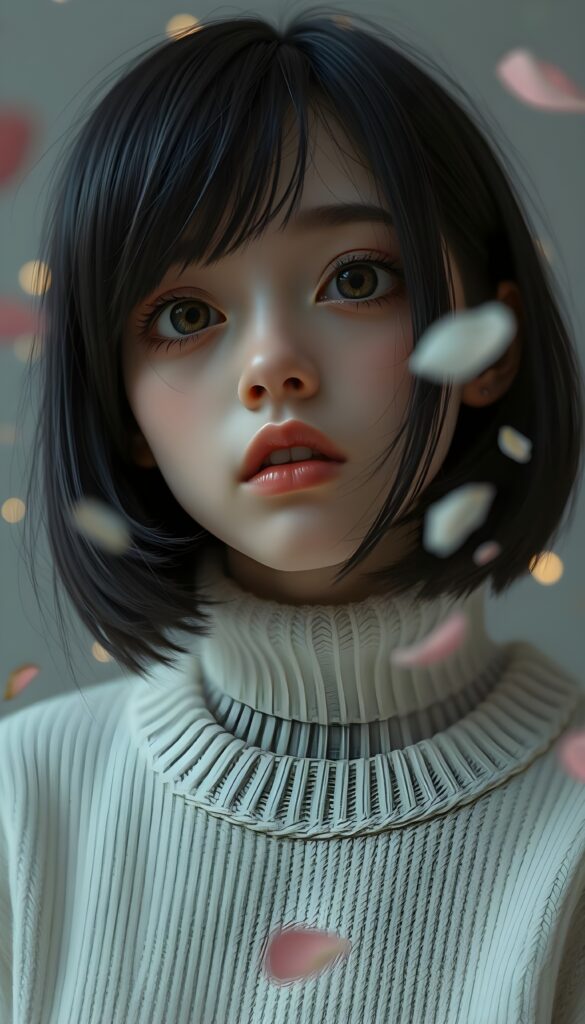 A 3D-rendered scene featuring a cute, melancholic teen emo girl with shoulder-length obsidian black straight hair in a side-swept bob cut. Her piercing brown eyes are wide with unshed tears, and her round face is framed by a white, form-fitting wool sweater that emphasizes her delicate features. The background is a soft, muted grey with subtle, glowing orbs of light, adding a mystical touch. The girl is surrounded by swirling petals and delicate flowers, creating a dreamy, ethereal atmosphere. The composition highlights her emotional expression, with a low-angle perspective that draws the viewer's eye upward, enhancing the sense of vulnerability and introspection.