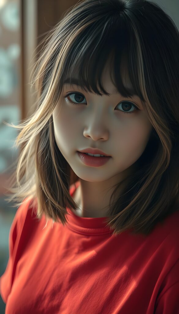 A Japanese girl with slightly wavy straight black hair and light blond highlights,, her hair falling gently over her upper body, bangs frame her round angelic face. She has dark, round, large eyes and a kissable mouth. She wears a red T-shirt that accentuates her wonderful, feminine body. She has a round face, beautiful full lips, her mouth slightly open, and white teeth.