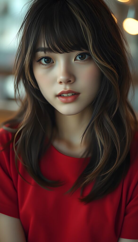 A Japanese girl with slightly wavy straight black hair and light blond highlights,, her hair falling gently over her upper body, bangs frame her round angelic face. She has dark, round, large eyes and a kissable mouth. She wears a red T-shirt that accentuates her wonderful, feminine body. She has a round face, beautiful full lips, her mouth slightly open, and white teeth.