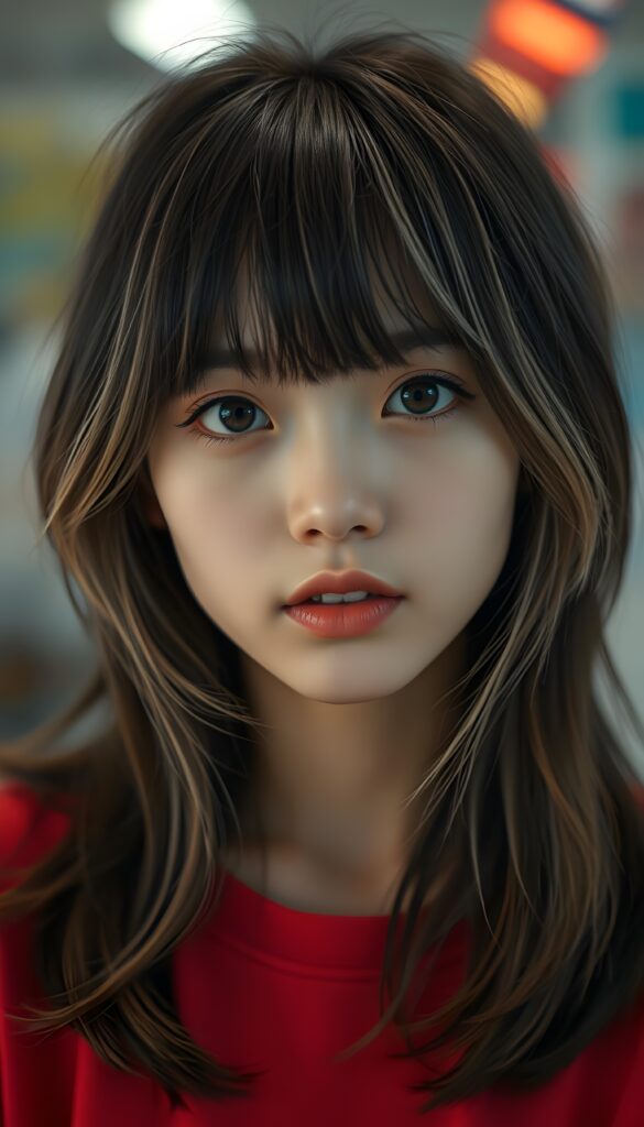 A Japanese girl with slightly wavy straight black hair and light blond highlights,, her hair falling gently over her upper body, bangs frame her round angelic face. She has dark, round, large eyes and a kissable mouth. She wears a red T-shirt that accentuates her wonderful, feminine body. She has a round face, beautiful full lips, her mouth slightly open, and white teeth.