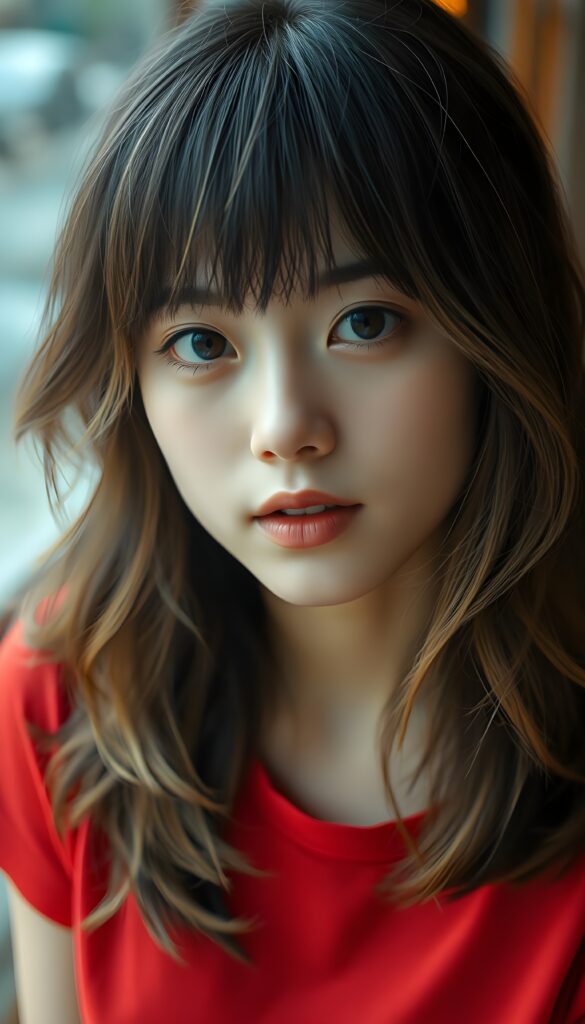 A Japanese girl with slightly wavy straight black hair and light blond highlights,, her hair falling gently over her upper body, bangs frame her round angelic face. She has dark, round, large eyes and a kissable mouth. She wears a red T-shirt that accentuates her wonderful, feminine body. She has a round face, beautiful full lips, her mouth slightly open, and white teeth.