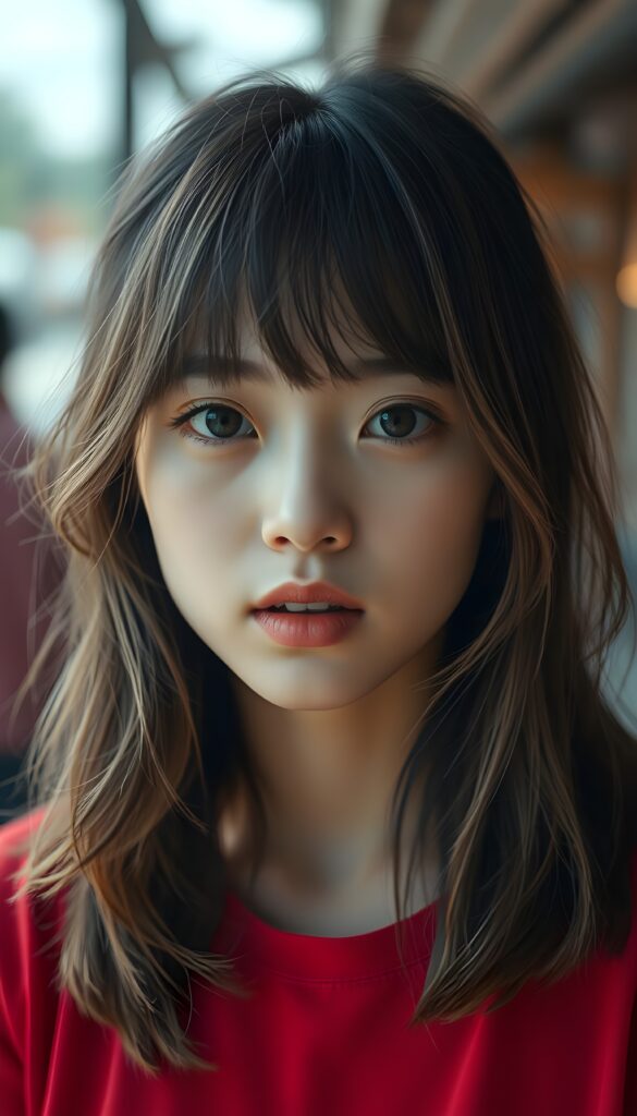 A Japanese girl with slightly wavy straight black hair and light blond highlights,, her hair falling gently over her upper body, bangs frame her round angelic face. She has dark, round, large eyes and a kissable mouth. She wears a red T-shirt that accentuates her wonderful, feminine body. She has a round face, beautiful full lips, her mouth slightly open, and white teeth.