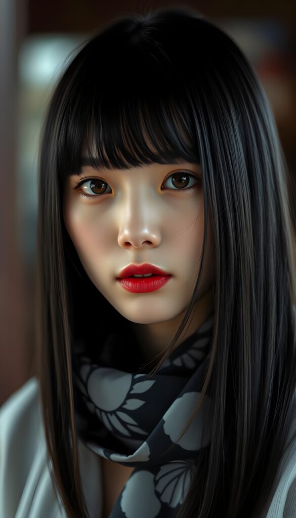 A Korean girl with straight, jet-black soft silky hair, bangs frame her round face, amber eyes, and full red lips. A beautiful close-up. She has flawless porcelain skin. She wears a black and white patterned silk scarf. Perfect light and shadow.
