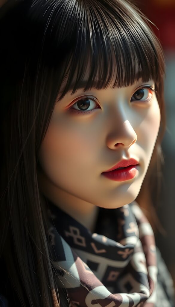 A Korean girl with straight, jet-black soft silky hair, bangs frame her round face, amber eyes, and full red lips. A beautiful close-up. She has flawless porcelain skin. She wears a black and white patterned silk scarf. Perfect light and shadow.