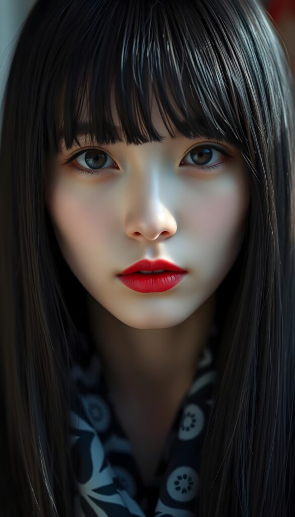 A Korean girl with straight, jet-black soft silky hair, bangs frame her round face, amber eyes, and full red lips. A beautiful close-up. She has flawless porcelain skin. She wears a black and white patterned silk scarf. Perfect light and shadow.