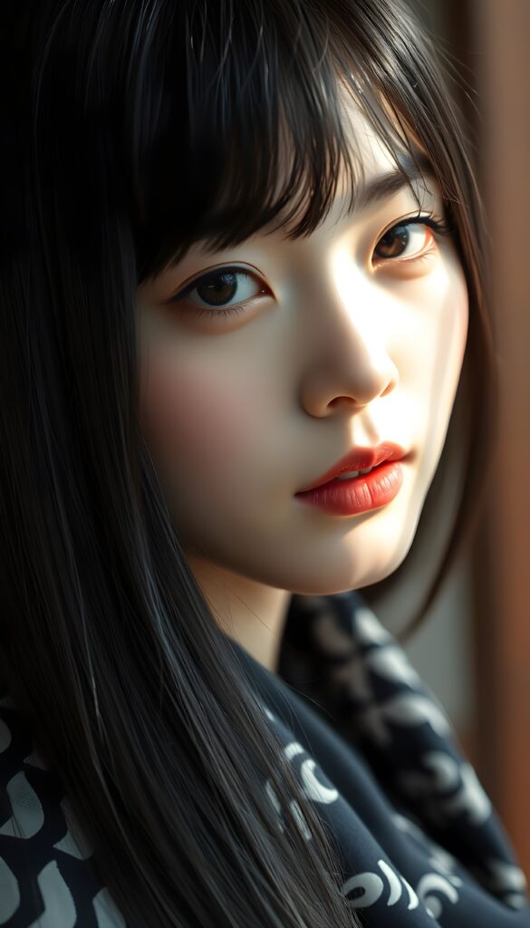 A Korean girl with straight, jet-black soft silky hair, bangs frame her round face, amber eyes, and full red lips. A beautiful close-up. She has flawless porcelain skin. She wears a black and white patterned silk scarf. Perfect light and shadow.