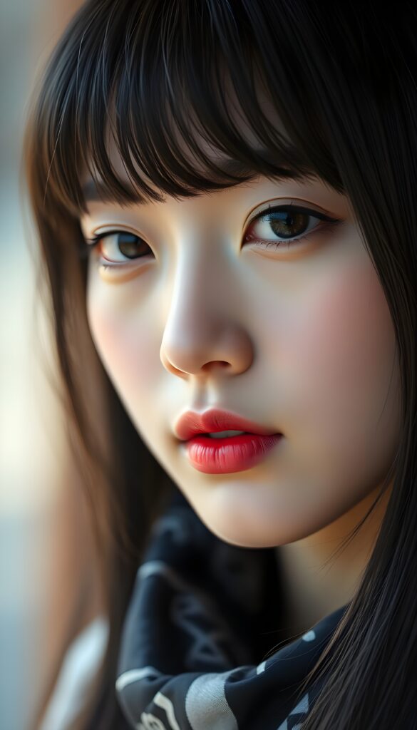 A Korean girl with straight, jet-black soft silky hair, bangs frame her round face, amber eyes, and full red lips. A beautiful close-up. She has flawless porcelain skin. She wears a black and white patterned silk scarf. Perfect light and shadow.