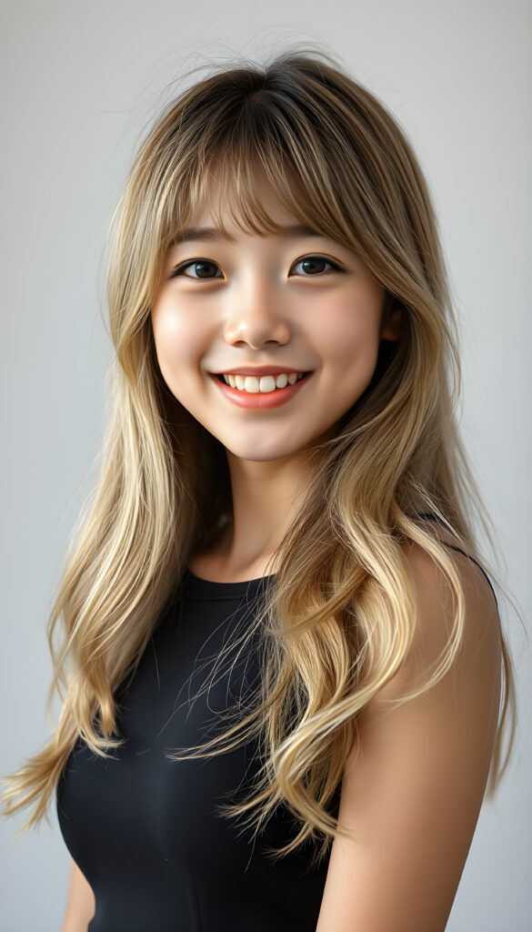 A Korean teen girl with long, soft gold blond hair styled in loose waves, her bangs gently framing her round face. She has round, deep black eyes and a warm, inviting smile showing her white teeth. Her full lips are slightly glossed, giving her a youthful and approachable appearance. She is dressed in a stylish black cropped tank top that accentuates her slender figure, standing against a soft, light grey backdrop. The image is vibrant and colorful, with warm lighting that highlights her joyful expression and enhances the textures of her hair and clothing, creating a cheerful and uplifting atmosphere.