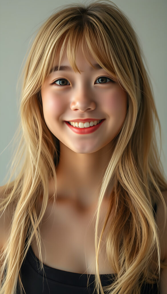 A Korean teen girl with long, soft gold blond hair styled in loose waves, her bangs gently framing her round face. She has round, deep black eyes and a warm, inviting smile showing her white teeth. Her full lips are slightly glossed, giving her a youthful and approachable appearance. She is dressed in a stylish black cropped tank top that accentuates her slender figure, standing against a soft, light grey backdrop. The image is vibrant and colorful, with warm lighting that highlights her joyful expression and enhances the textures of her hair and clothing, creating a cheerful and uplifting atmosphere.