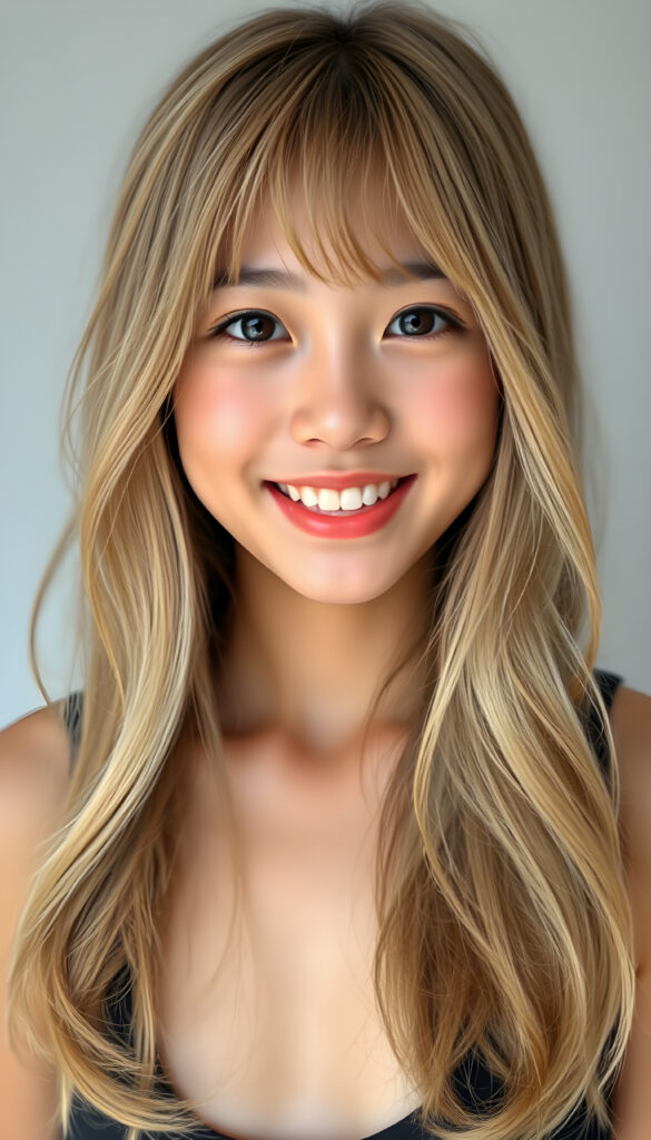 A Korean teen girl with long, soft gold blond hair styled in loose waves, her bangs gently framing her round face. She has round, deep black eyes and a warm, inviting smile showing her white teeth. Her full lips are slightly glossed, giving her a youthful and approachable appearance. She is dressed in a stylish black cropped tank top that accentuates her slender figure, standing against a soft, light grey backdrop. The image is vibrant and colorful, with warm lighting that highlights her joyful expression and enhances the textures of her hair and clothing, creating a cheerful and uplifting atmosphere.