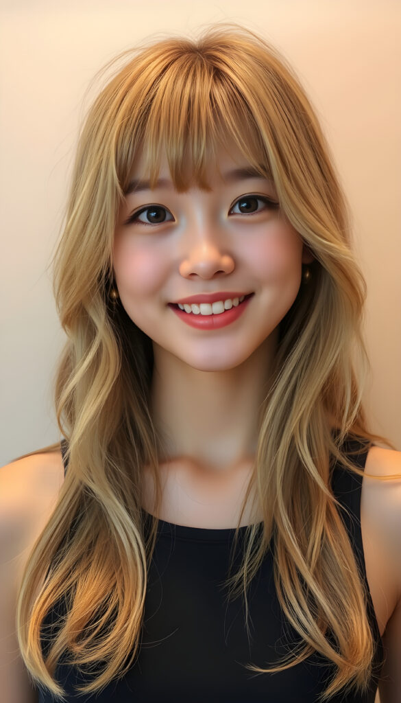 A Korean teen girl with long, soft gold blond hair styled in loose waves, her bangs gently framing her round face. She has round, deep black eyes and a warm, inviting smile showing her white teeth. Her full lips are slightly glossed, giving her a youthful and approachable appearance. She is dressed in a stylish black cropped tank top that accentuates her slender figure, standing against a soft, light grey backdrop. The image is vibrant and colorful, with warm lighting that highlights her joyful expression and enhances the textures of her hair and clothing, creating a cheerful and uplifting atmosphere.