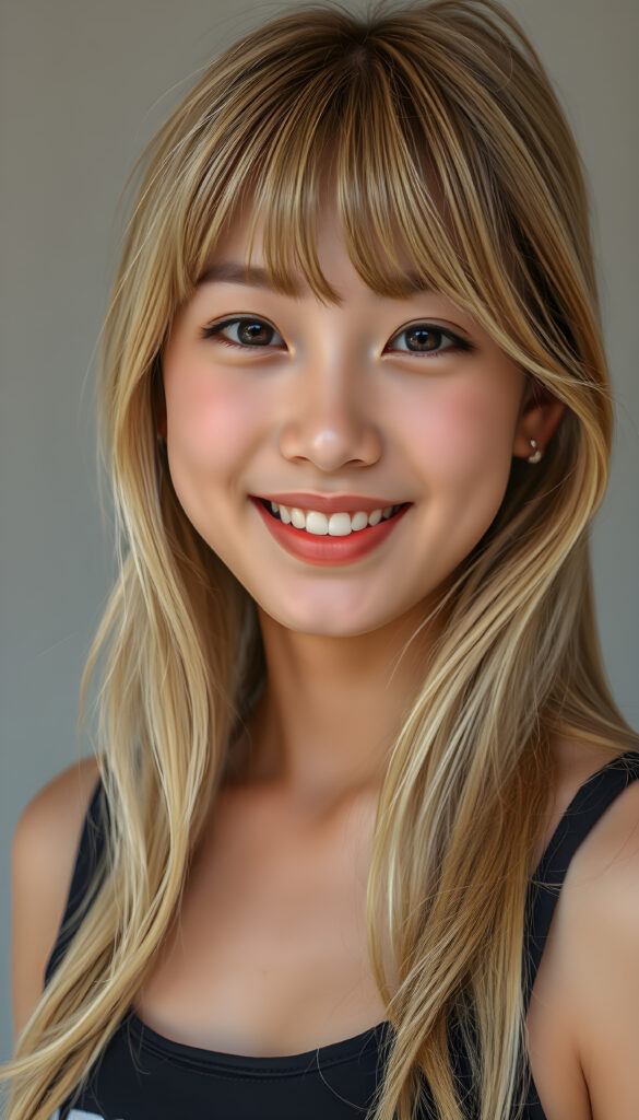 A Korean teen girl with long, soft gold blond hair styled in loose waves, her bangs gently framing her round face. She has round, deep black eyes and a warm, inviting smile showing her white teeth. Her full lips are slightly glossed, giving her a youthful and approachable appearance. She is dressed in a stylish black cropped tank top that accentuates her slender figure, standing against a soft, light grey backdrop. The image is vibrant and colorful, with warm lighting that highlights her joyful expression and enhances the textures of her hair and clothing, creating a cheerful and uplifting atmosphere.