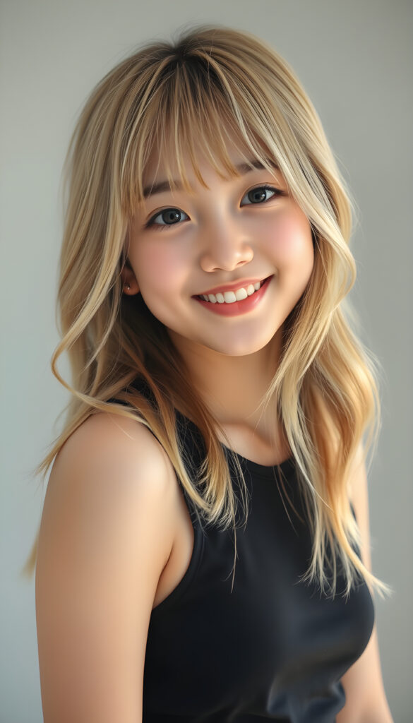 A Korean teen girl with long, soft gold blond hair styled in loose waves, her bangs gently framing her round face. She has round, deep black eyes and a warm, inviting smile showing her white teeth. Her full lips are slightly glossed, giving her a youthful and approachable appearance. She is dressed in a stylish black cropped tank top that accentuates her slender figure, standing against a soft, light grey backdrop. The image is vibrant and colorful, with warm lighting that highlights her joyful expression and enhances the textures of her hair and clothing, creating a cheerful and uplifting atmosphere.