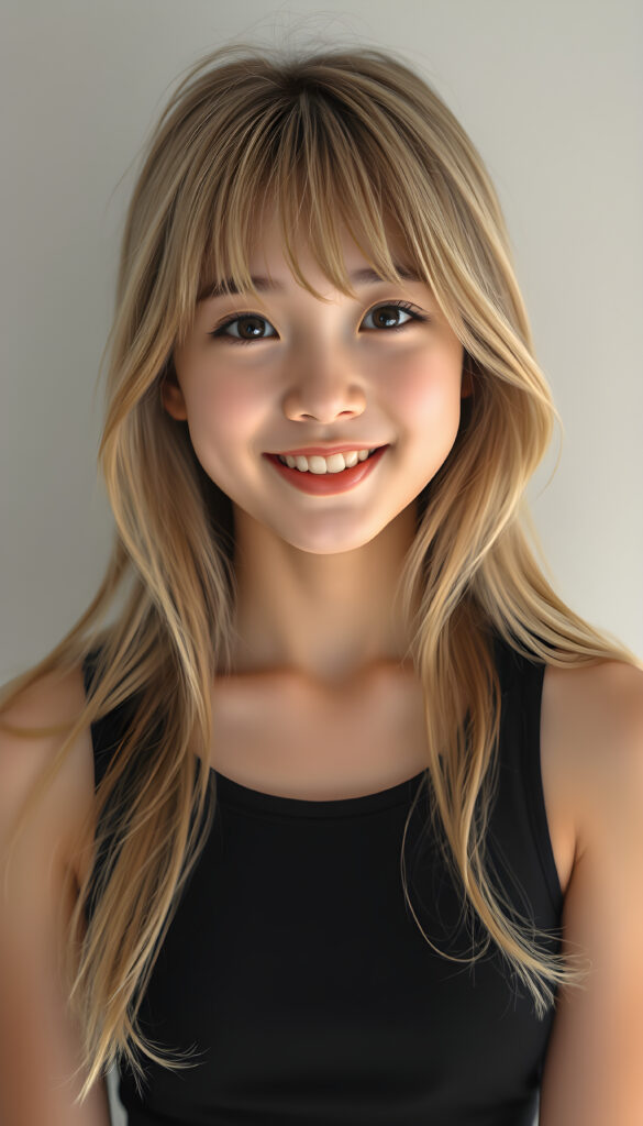 A Korean teen girl with long, soft gold blond hair styled in loose waves, her bangs gently framing her round face. She has round, deep black eyes and a warm, inviting smile showing her white teeth. Her full lips are slightly glossed, giving her a youthful and approachable appearance. She is dressed in a stylish black cropped tank top that accentuates her slender figure, standing against a soft, light grey backdrop. The image is vibrant and colorful, with warm lighting that highlights her joyful expression and enhances the textures of her hair and clothing, creating a cheerful and uplifting atmosphere.