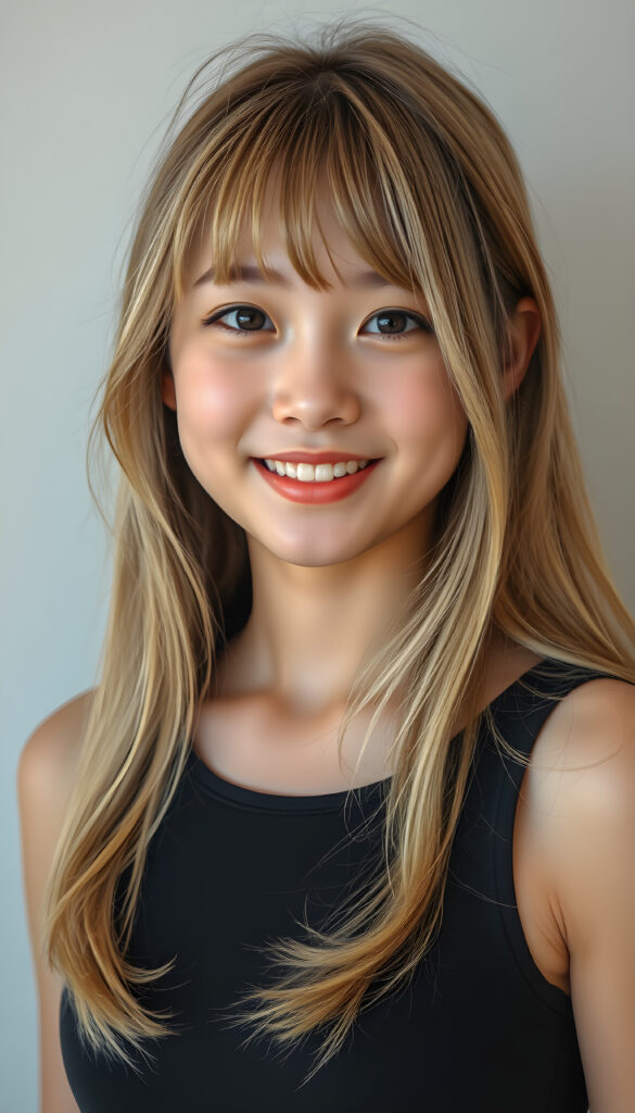 A Korean teen girl with long, soft gold blond hair styled in loose waves, her bangs gently framing her round face. She has round, deep black eyes and a warm, inviting smile showing her white teeth. Her full lips are slightly glossed, giving her a youthful and approachable appearance. She is dressed in a stylish black cropped tank top that accentuates her slender figure, standing against a soft, light grey backdrop. The image is vibrant and colorful, with warm lighting that highlights her joyful expression and enhances the textures of her hair and clothing, creating a cheerful and uplifting atmosphere.