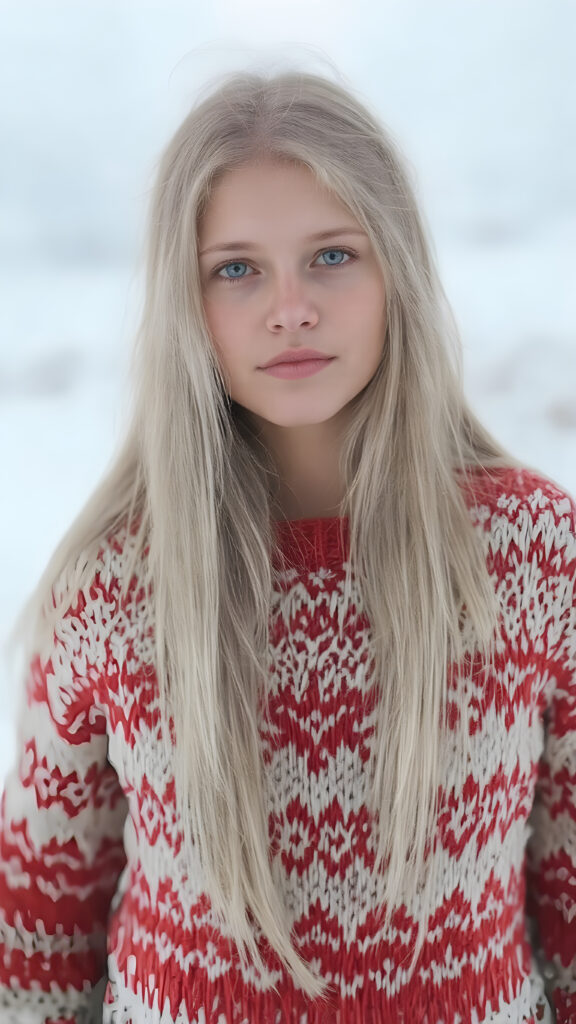 A Nordic girl with long, perfect straight white hair and a fine woolen red and white sweater stands in a snowy landscape. Very detailed and realistic. Flawless fine skin.