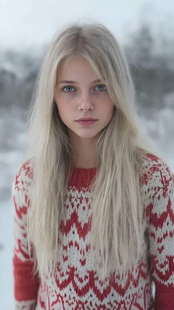 A Nordic girl with long, white hair and a fine woolen red and white sweater stands in a snowy landscape. Very detailed and realistic. Flawless fine skin.