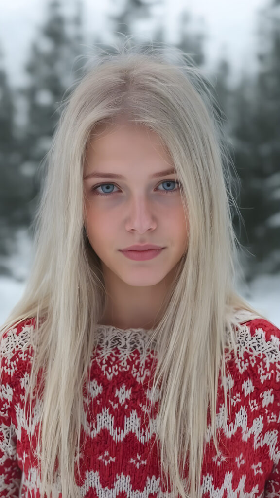 A Nordic girl with long, perfect straight white hair and a fine woolen red and white sweater stands in a snowy landscape. Very detailed and realistic. Flawless fine skin.