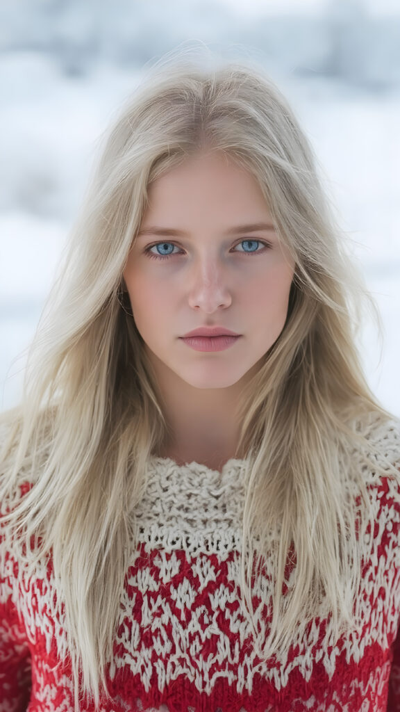 A Nordic girl with long, white hair and a fine woolen red and white sweater stands in a snowy landscape. Very detailed and realistic. Flawless fine skin.