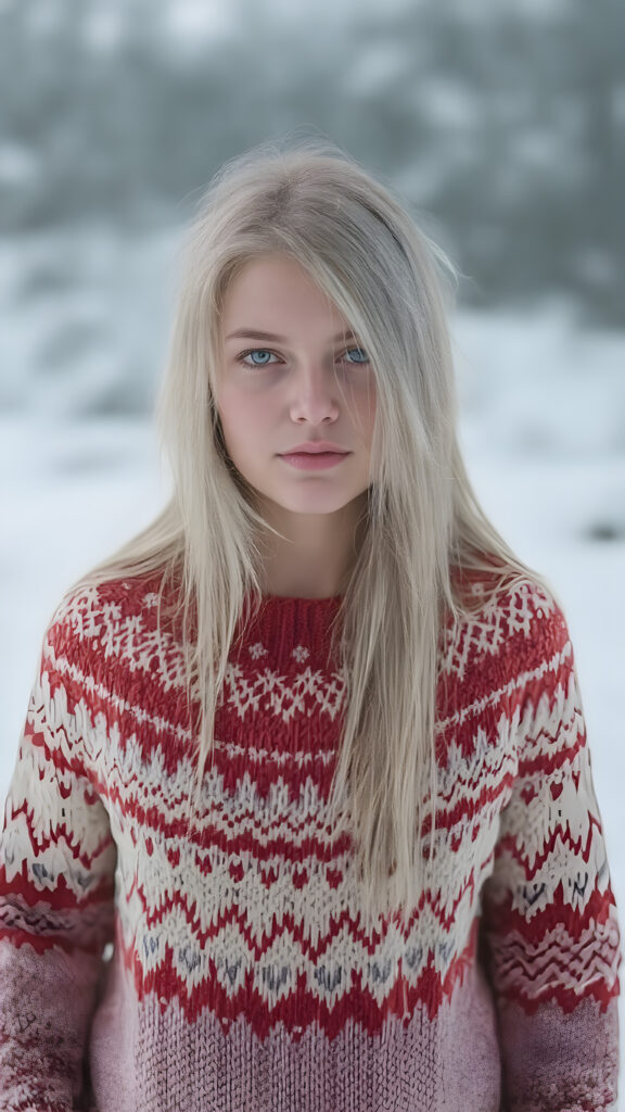 A Nordic girl with long, white hair and a fine woolen red and white sweater stands in a snowy landscape. Very detailed and realistic. Flawless fine skin.
