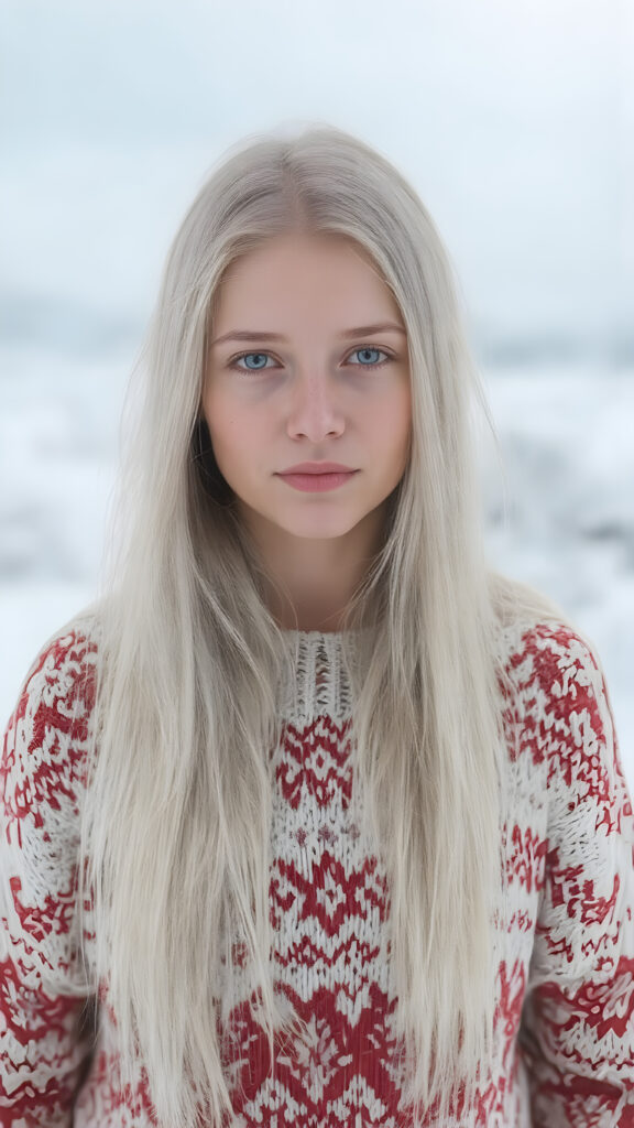 A Nordic girl with long, perfect straight white hair and a fine woolen red and white sweater stands in a snowy landscape. Very detailed and realistic. Flawless fine skin.
