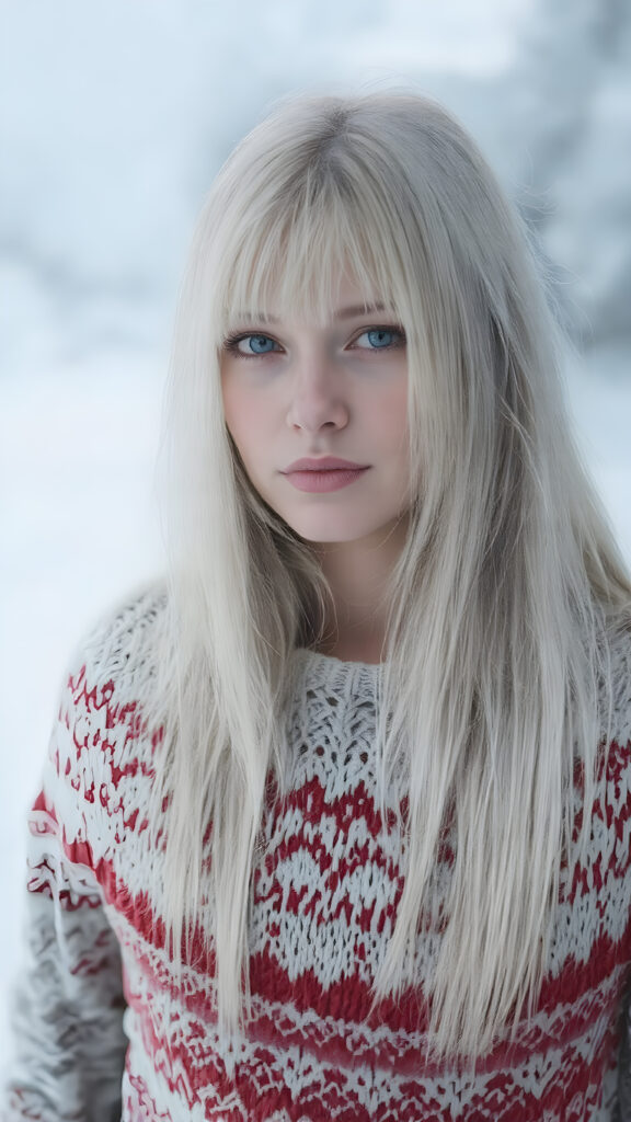 A Nordic girl with long, perfect straight white hair and a fine woolen red and white sweater stands in a snowy landscape. Very detailed and realistic. Flawless fine skin.