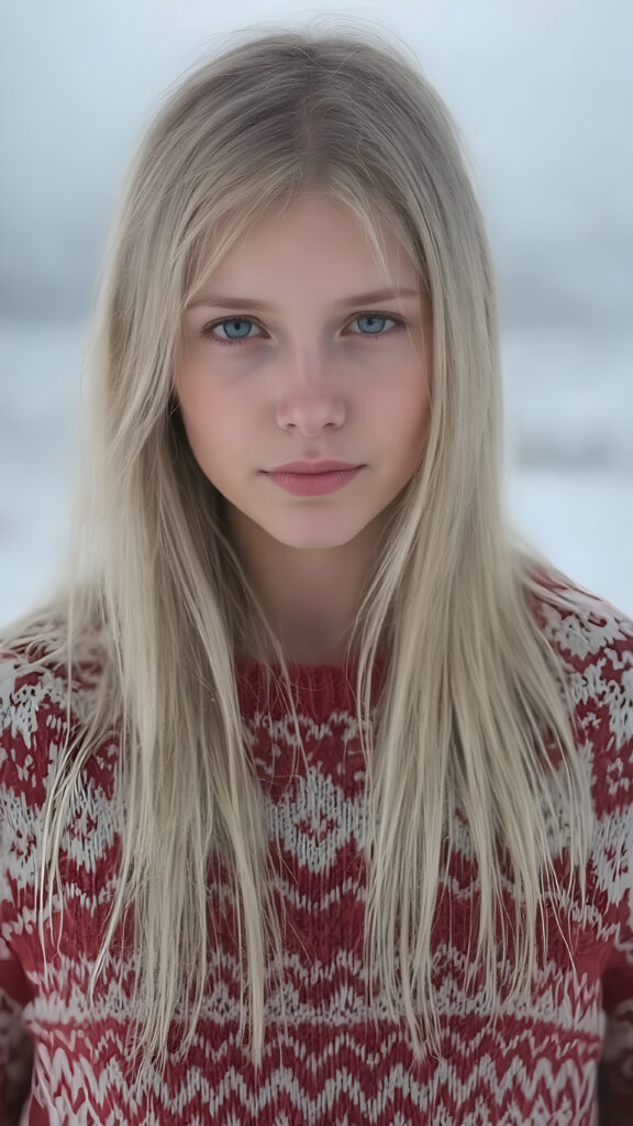 A Nordic girl with long, perfect straight white hair and a fine woolen red and white sweater stands in a snowy landscape. Very detailed and realistic. Flawless fine skin.
