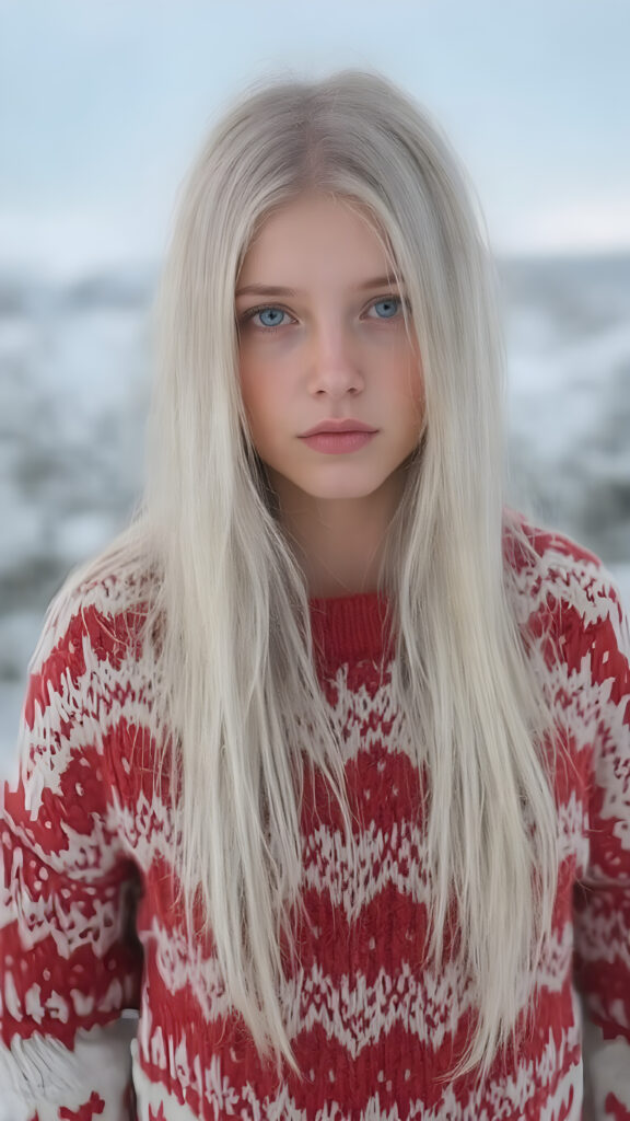 A Nordic girl with long, perfect straight white hair and a fine woolen red and white sweater stands in a snowy landscape. Very detailed and realistic. Flawless fine skin.