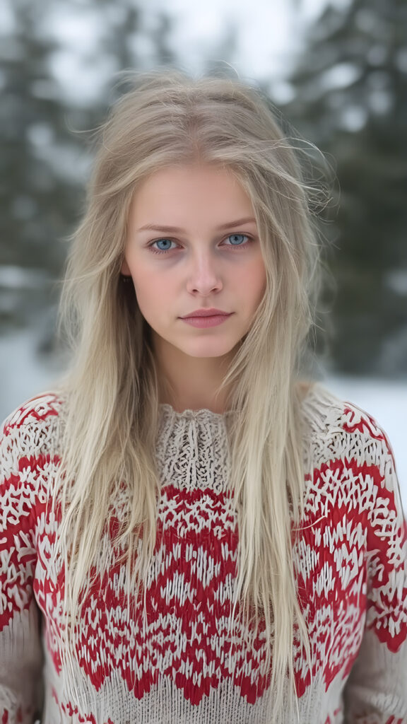 A Nordic girl with long, white hair and a fine woolen red and white sweater stands in a snowy landscape. Very detailed and realistic. Flawless fine skin.