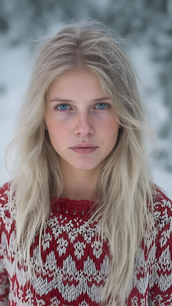 A Nordic girl with long, white hair and a fine woolen red and white sweater stands in a snowy landscape. Very detailed and realistic. Flawless fine skin.