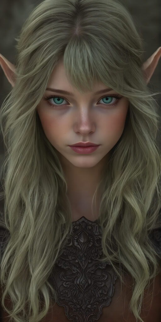 A (((Wood Elf))) with a (((sweet and endearing face))), featuring ((long, wavy, neon light green hair)) that softly flows down to her shoulders, complemented by (((vividly green eyes))). Her armor is a ((fantastical fusion of intricate wooden patterns and ornate metal accents)), evoking a sense of natural elegance and strength