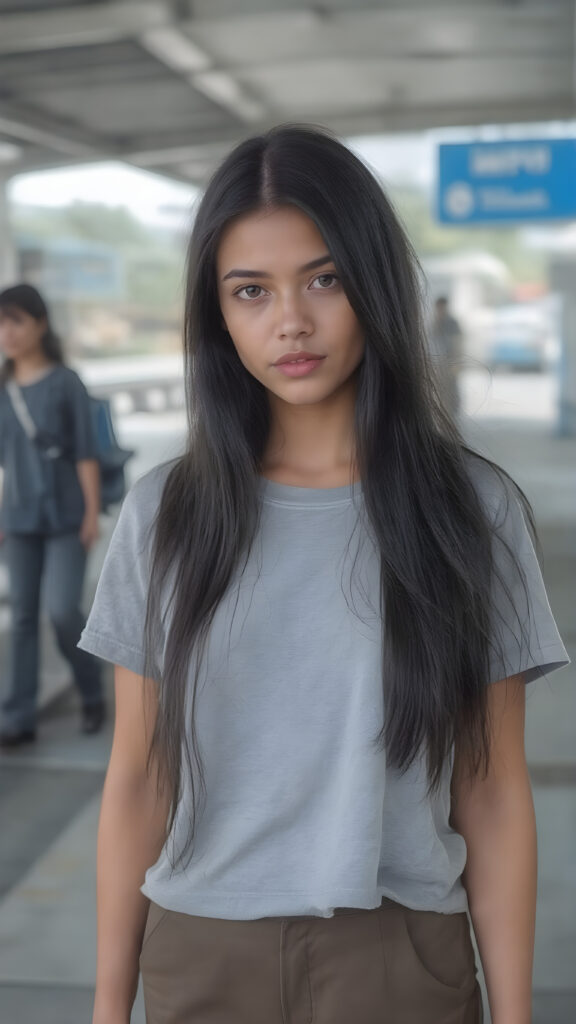 A (((adult girl))) with (((silver skin))), (((sleek straight super long black hair))), dressed in a (((light grey plain short t-shirt))), exuding an air of (mature sophistication) as she waits confidently at a (bus station), she looks direct to the viewer