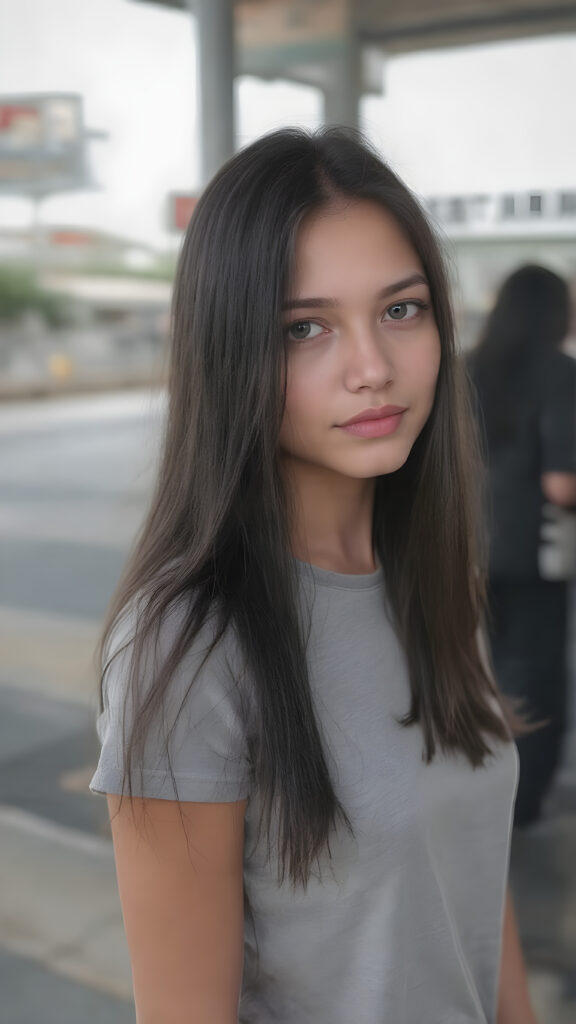 A (((adult girl))) with (((silver skin))), (((sleek straight super long black hair))), dressed in a (((light grey plain short t-shirt))), exuding an air of (mature sophistication) as she waits confidently at a (bus station), she looks direct to the viewer