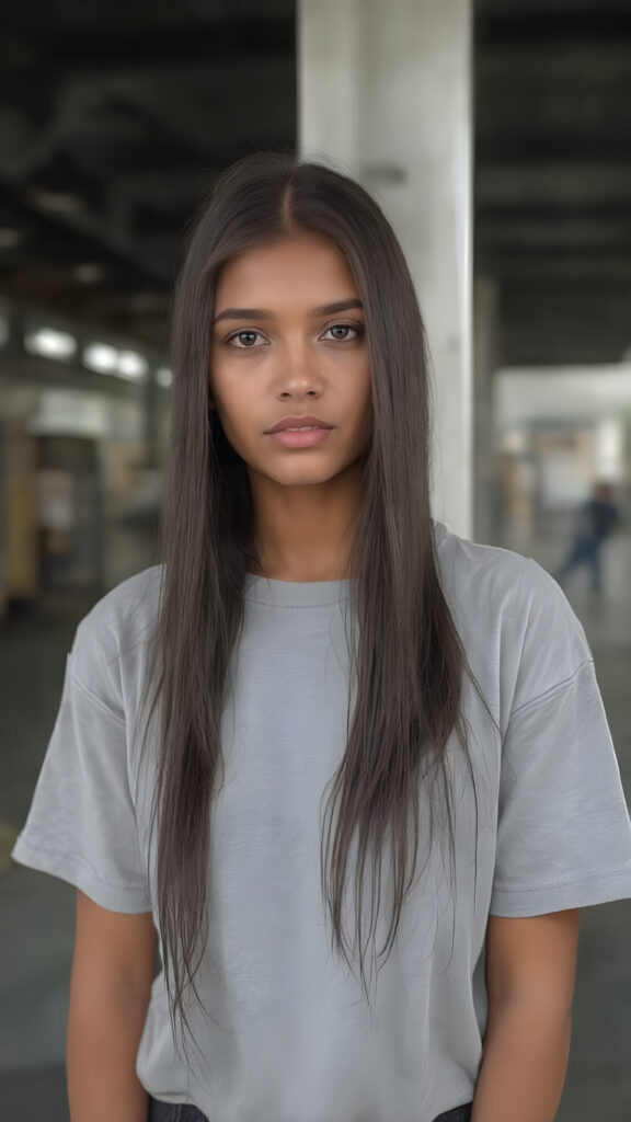 A (((adult girl))) with (((silver skin))), (((sleek straight super long black hair))), dressed in a (((light grey plain short t-shirt))), exuding an air of (mature sophistication) as she waits confidently at a (bus station), she looks direct to the viewer