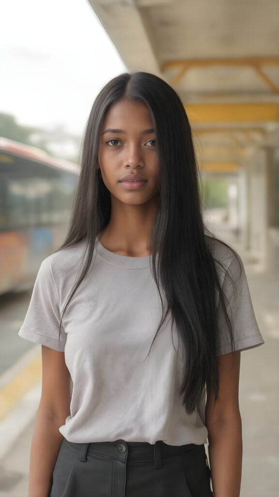 A (((adult girl))) with (((silver skin))), (((sleek straight super long black hair))), dressed in a (((light grey plain short t-shirt))), exuding an air of (mature sophistication) as she waits confidently at a (bus station), she looks direct to the viewer