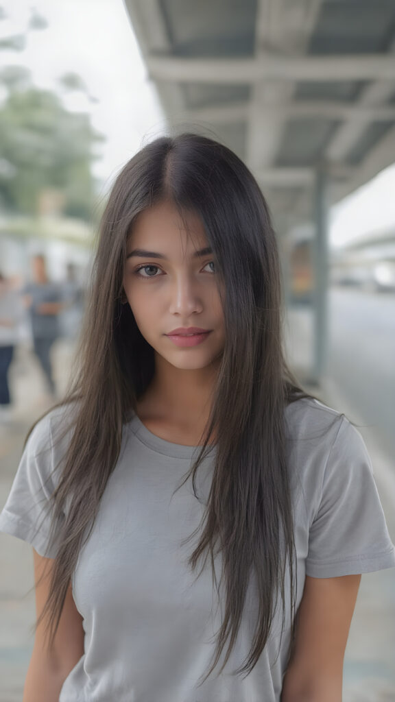 A (((adult girl))) with (((silver skin))), (((sleek straight super long black hair))), dressed in a (((light grey plain short t-shirt))), exuding an air of (mature sophistication) as she waits confidently at a (bus station), she looks direct to the viewer