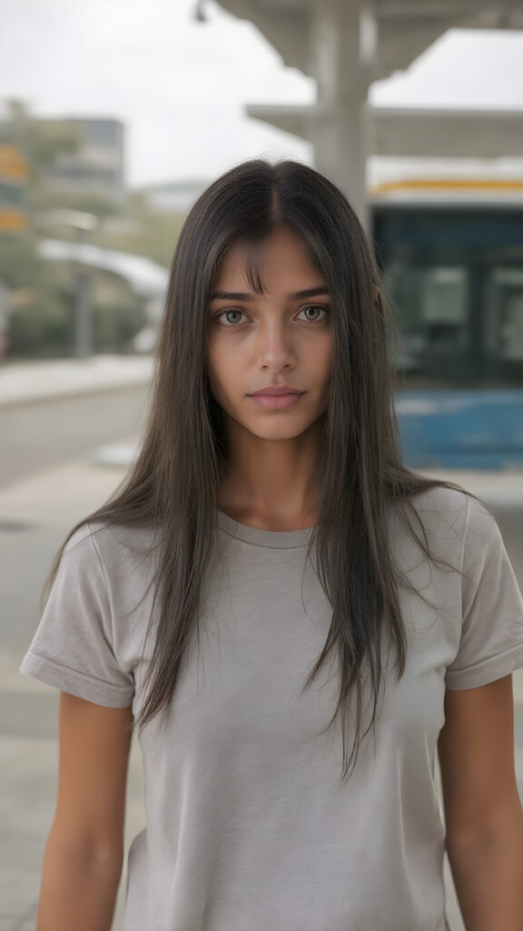 A (((adult girl))) with (((silver skin))), (((sleek straight super long black hair))), dressed in a (((light grey plain short t-shirt))), exuding an air of (mature sophistication) as she waits confidently at a (bus station), she looks direct to the viewer