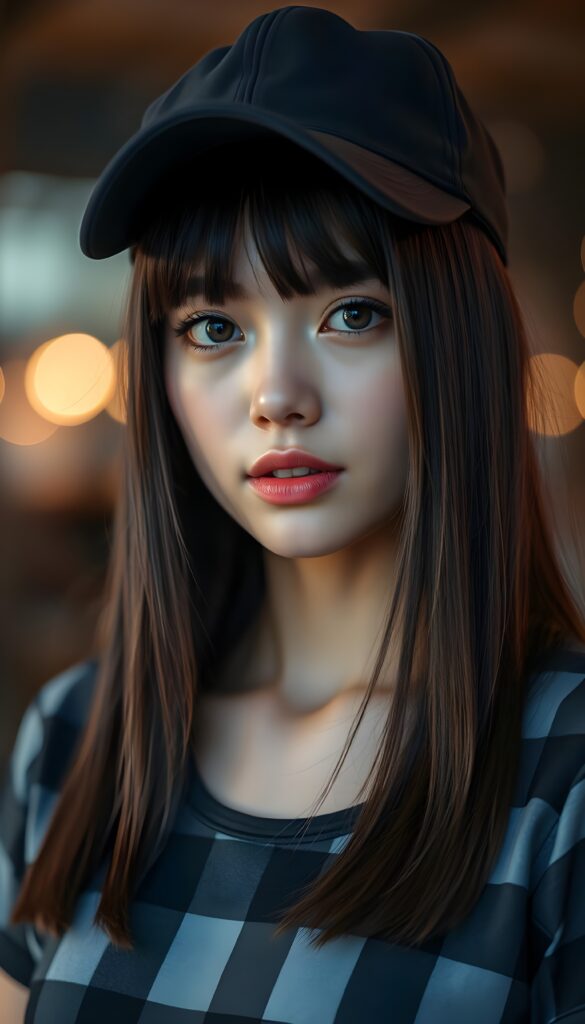 A adult woman with straight (dark soft hair perfect cut and same length right and left, light red highlights), she is wearing a black cap, her hair falling gently over her upper body, bangs frame her round angelic face. She has dark, round, large eyes and a kissable mouth. She wears a checkered T-shirt that accentuates her wonderful, feminine body. She has a round face, beautiful full lips, her mouth slightly open, and white teeth.