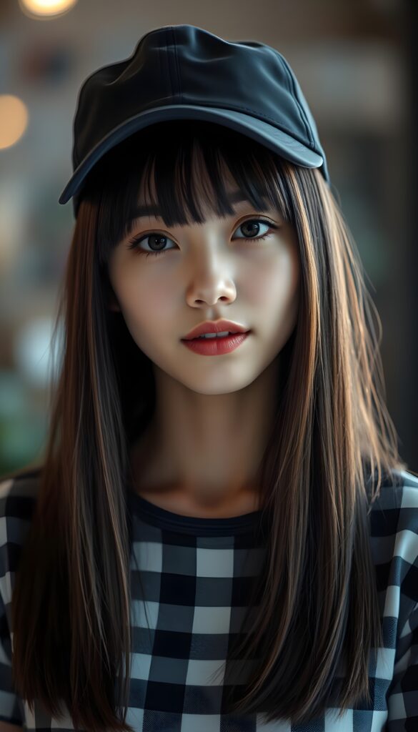 A adult woman with straight (dark soft hair perfect cut and same length right and left, light red highlights), she is wearing a black cap, her hair falling gently over her upper body, bangs frame her round angelic face. She has dark, round, large eyes and a kissable mouth. She wears a checkered T-shirt that accentuates her wonderful, feminine body. She has a round face, beautiful full lips, her mouth slightly open, and white teeth.