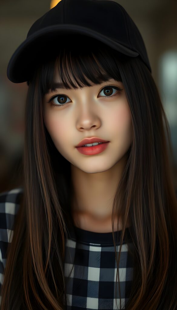 A adult woman with straight (dark soft hair perfect cut and same length right and left, light red highlights), she is wearing a black cap, her hair falling gently over her upper body, bangs frame her round angelic face. She has dark, round, large eyes and a kissable mouth. She wears a checkered T-shirt that accentuates her wonderful, feminine body. She has a round face, beautiful full lips, her mouth slightly open, and white teeth.