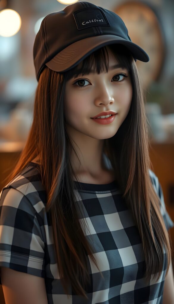A adult woman with straight (dark soft hair perfect cut and same length right and left, light red highlights), she is wearing a black cap, her hair falling gently over her upper body, bangs frame her round angelic face. She has dark, round, large eyes and a kissable mouth. She wears a checkered T-shirt that accentuates her wonderful, feminine body. She has a round face, beautiful full lips, her mouth slightly open, and white teeth.