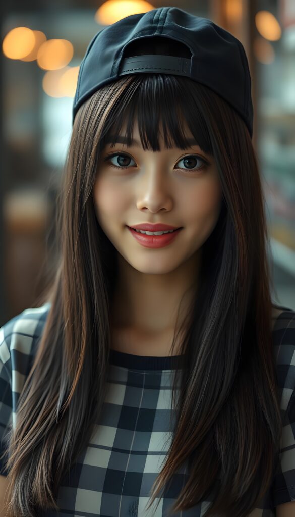 A adult woman with straight (dark soft hair perfect cut and same length right and left, light red highlights), she is wearing a black cap, her hair falling gently over her upper body, bangs frame her round angelic face. She has dark, round, large eyes and a kissable mouth. She wears a checkered T-shirt that accentuates her wonderful, feminine body. She has a round face, beautiful full lips, her mouth slightly open, and white teeth.