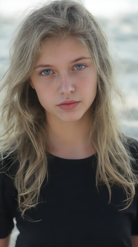 A (((beautiful young girl))), with (((flawlessly pale skin))), very long, wavy, softly curled hair that frames her face in a gentle curve, and full, plump red lips that add a hint of whimsy to her expression. Her eyes are (((light blue))), with a subtle hint of gray in their depths, reflecting an overall air of youthful innocence. She's dressed in a (((black T-shirt))), with the sleeves gently framed by a soft, contrasting glow, and denim shorts with a thin belt at the waist, which accentuates her slender frame. The outfit comes together to create a (((cool, toned look))), perfectly capturing the essence of a (((summer day at the beach))) for a young girl on the cusp of her teenage years, full body view, with the sun's rays striking her face, giving her an ethereal glow, misty atmosphere, 8K, UHD, perfect quality, perfect anatomy, highly detailed skin textures, realistic skin imperfections