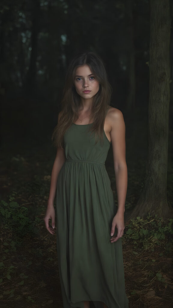 A (((beautiful girl))) in a ((forest at night)), with ((pale skin)) and ((brightly colored eyes)), dressed in a flowing (((long green dress))), which gently billows around her form, accentuating her slender figure and softly illuminated by the glow of (natural forest light)